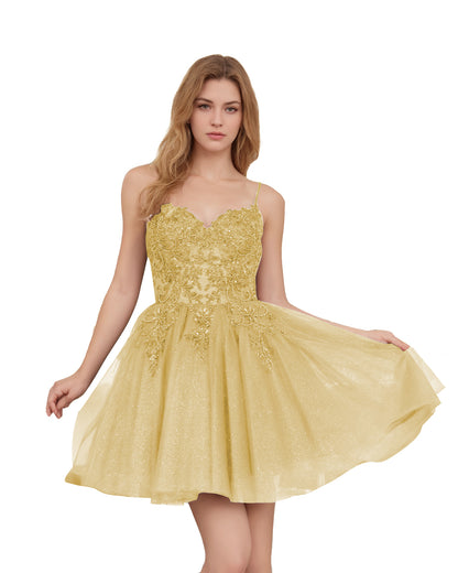 Spaghetti Strap Beaded Corset Glitter Tulle Homecoming Dress