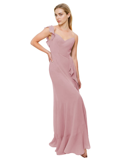 V-Neck Ruffle Strap Bridesmaid Dress with Cascading Chiffon Dress