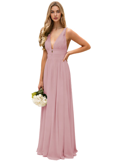 Spaghetti Strap V-Neck Chiffon Bridesmaid Dress with Open Back