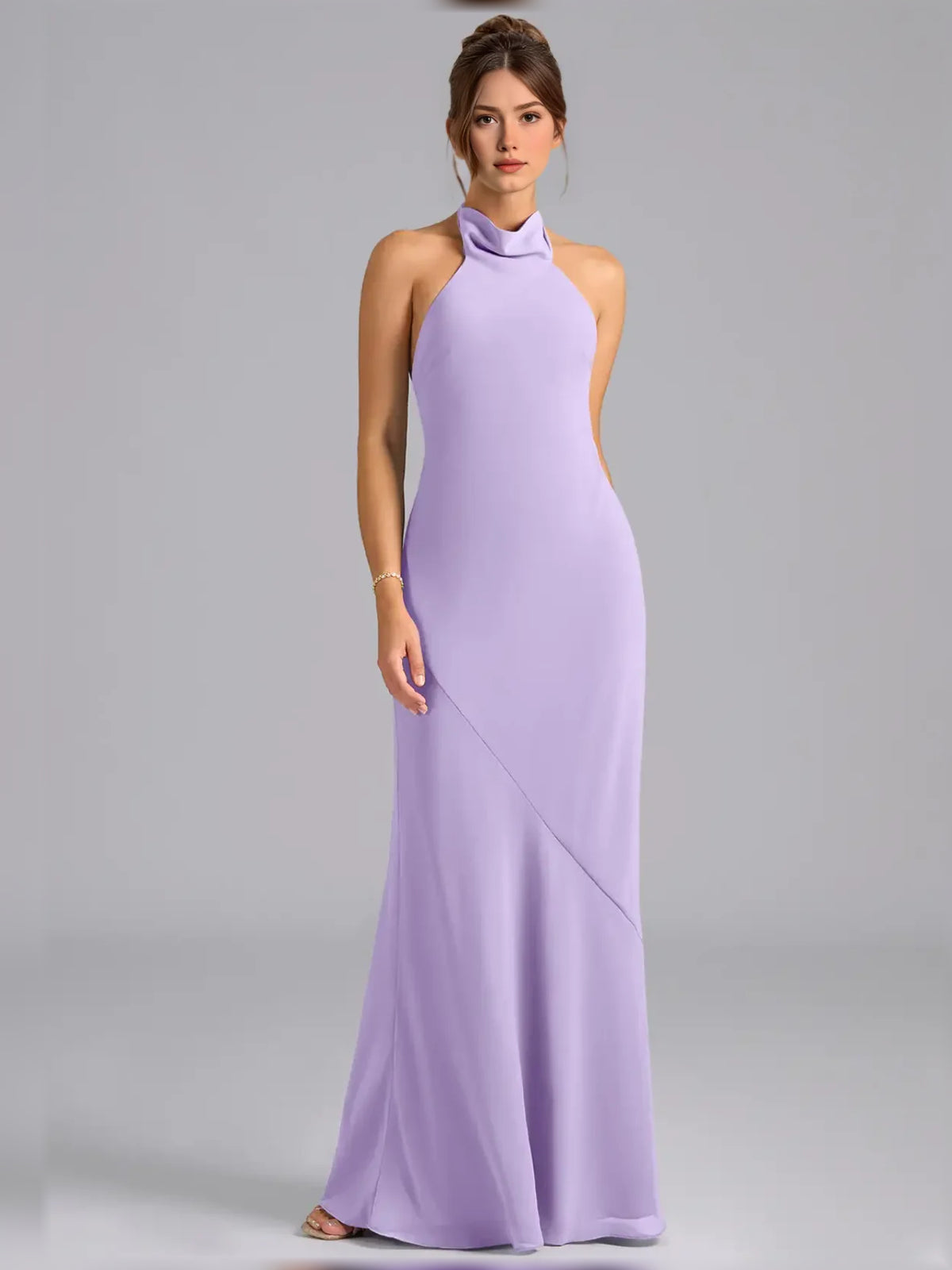 High Neck Sheath Maxi Chiffon Bridesmaid Dress for Wedding Reception