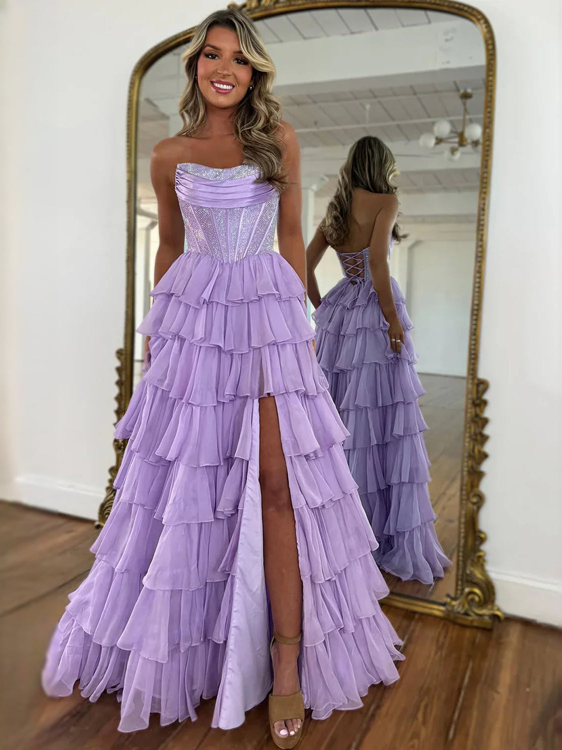 Corset Tiered Ruffled Slit Sweetheart A-Line Maxi Chiffon Prom Dress for Awards Dinner
