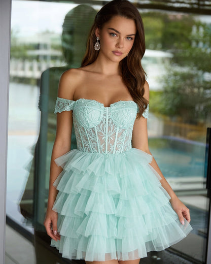 Off Shoulder Lace Corset Tulle Homecoming Dress with Tiered Layers