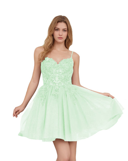 Spaghetti Strap Beaded Corset Glitter Tulle Homecoming Dress