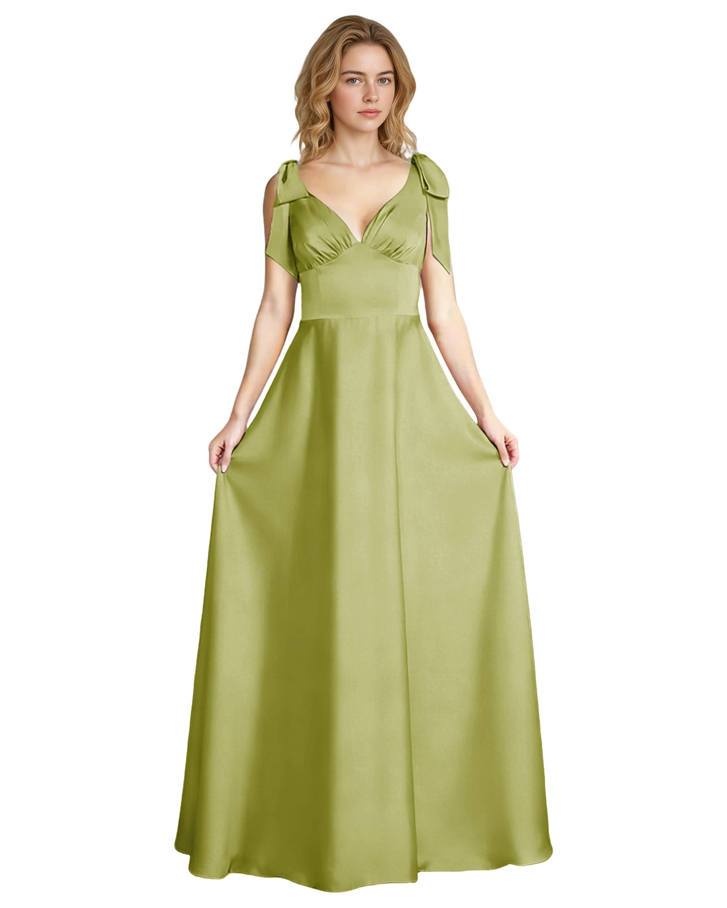 V-Neck Bow Strap Satin Bridesmaid Dress with Empire Waist