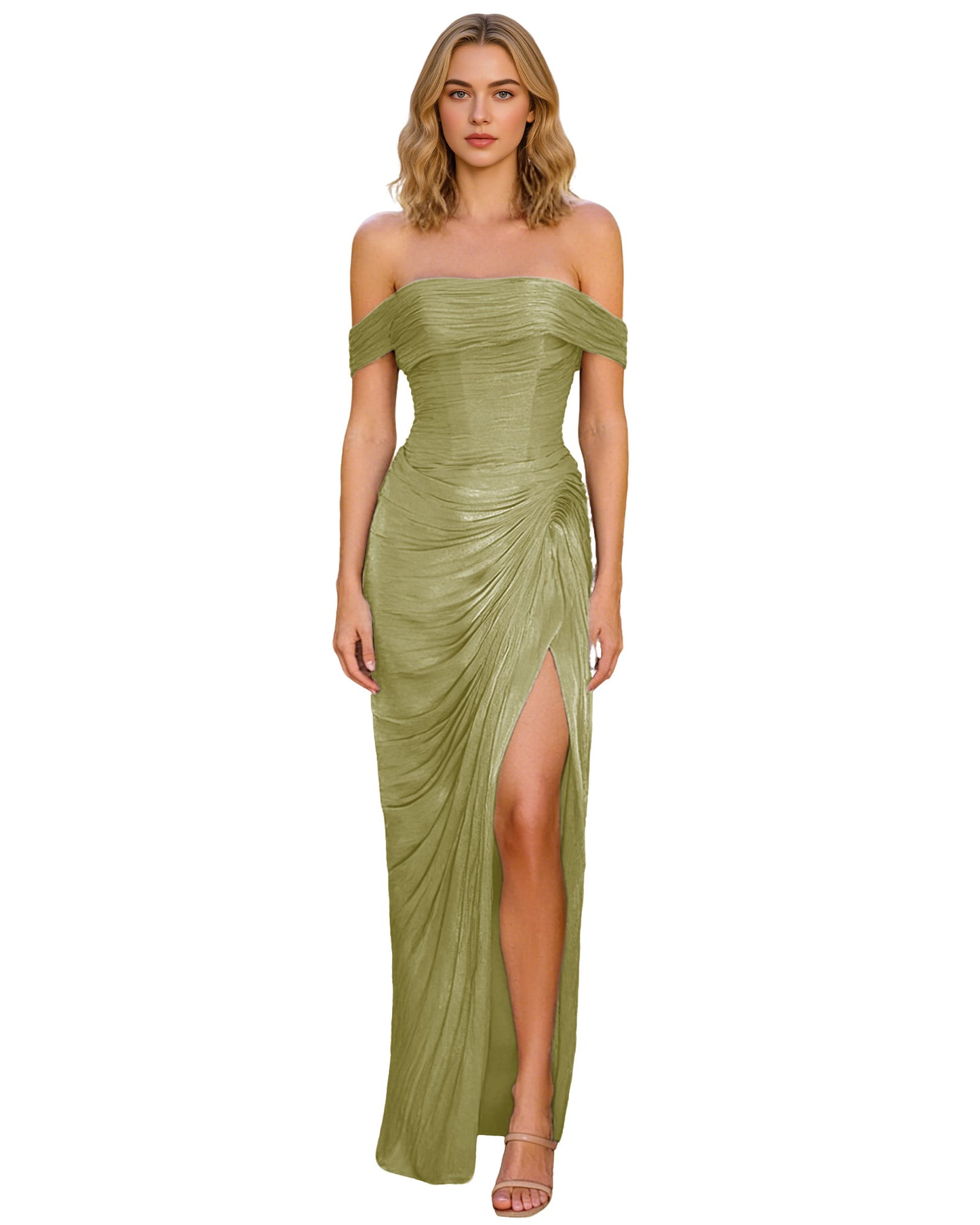 Off Shoulder Ruched Jersey Prom Dress with Wrap Bodice and High Slit