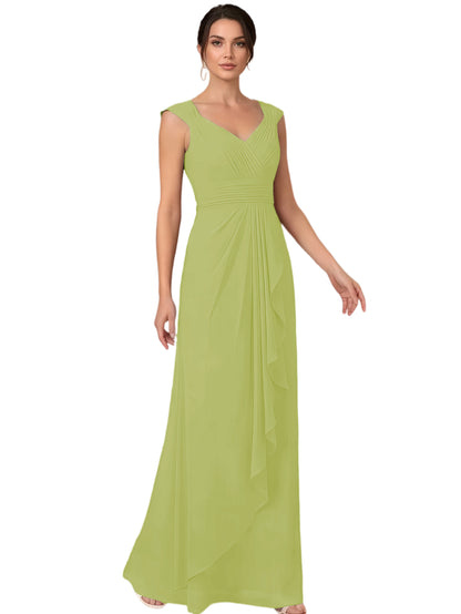 Mother of the Bride Dress Long Sleeveless V-Neck Chiffon Formal Gown with Ruffle Detail