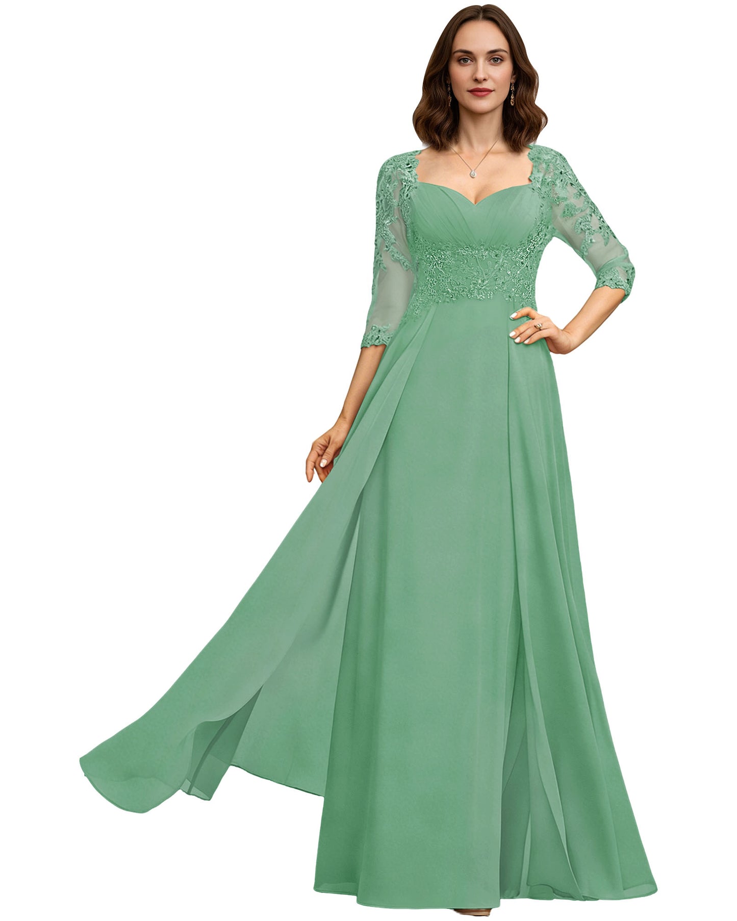 Long Sweetheart Mother of the Bride Dress Lace 3/4 Sleeve Chiffon A-Line Gown