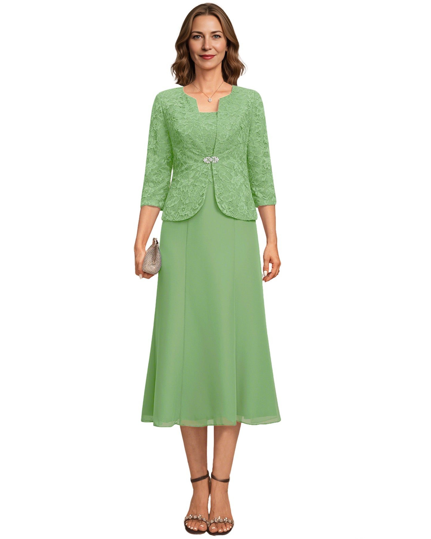 Tea Length Mother of the Bride Dress Lace Jacket Chiffon A-Line Wedding Guest Outfit