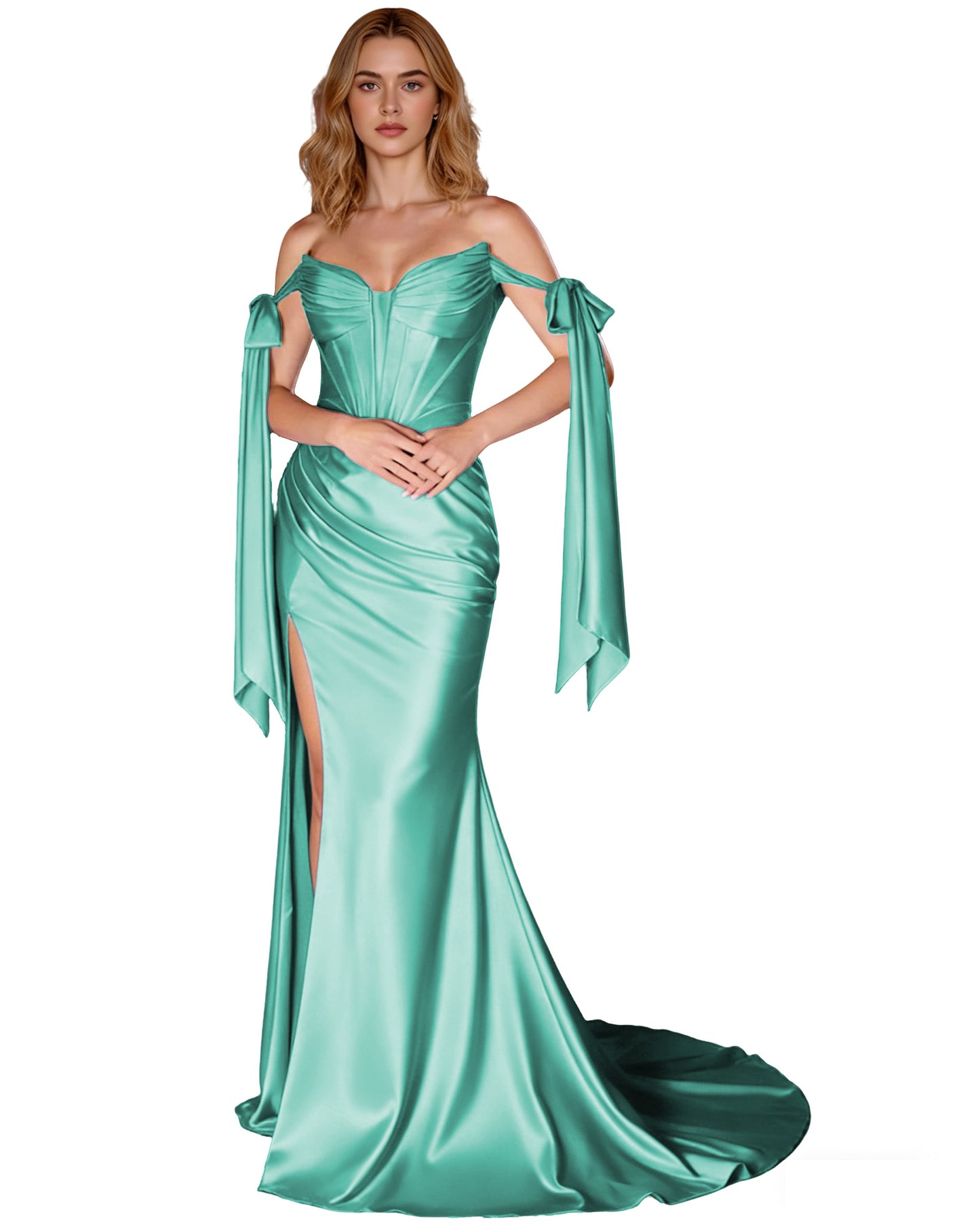 Off Shoulder Satin Mermaid Prom Dress with Detachable Long Sleeves
