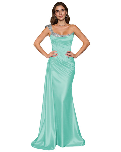 Spaghetti Strap Satin Mermaid Prom Dress with Draped Cowl Neck