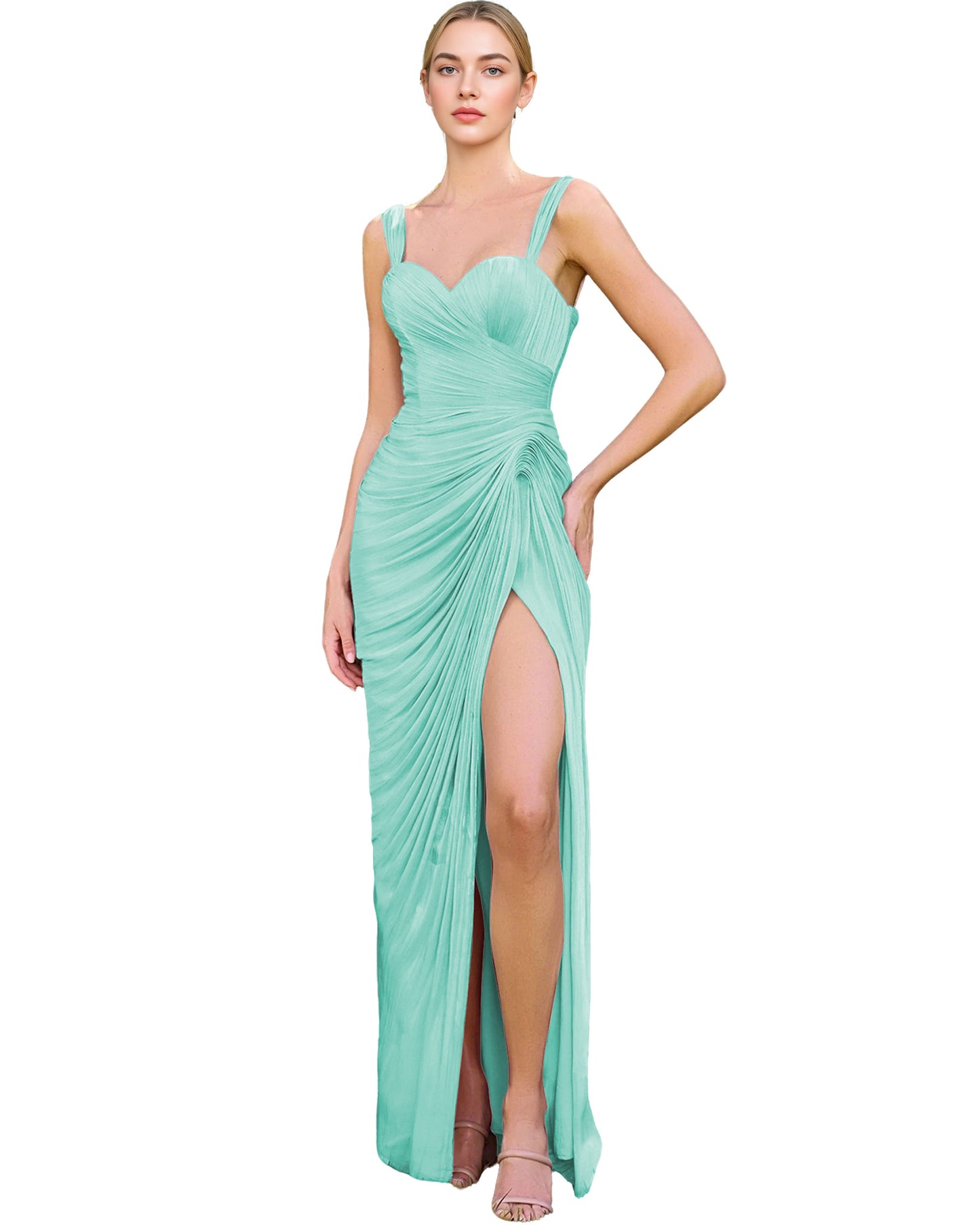Spaghetti Strap Ruched Satin Sheath Prom Dress with Lace-Up Back and Slit