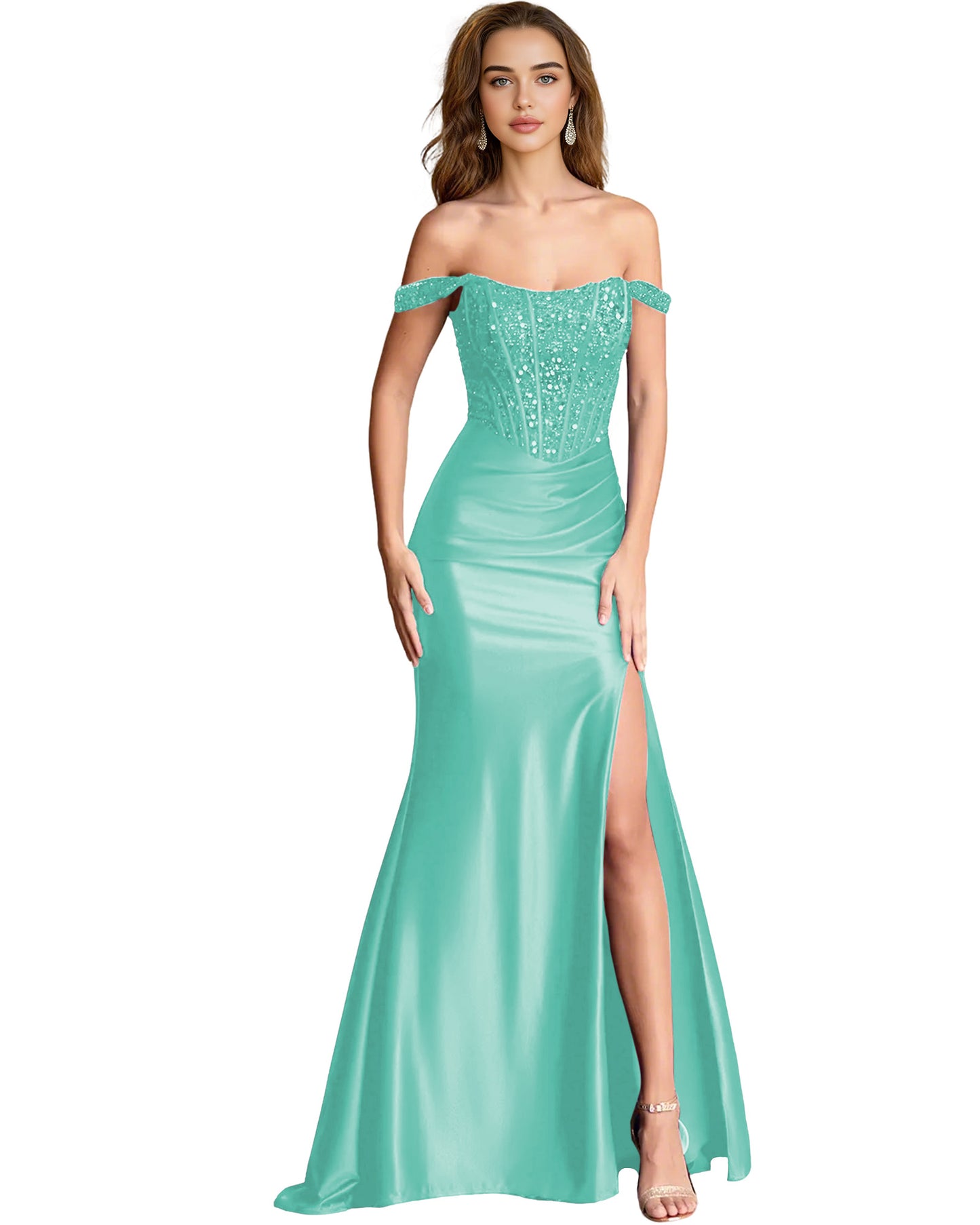 Off Shoulder Sequin Satin Mermaid Dress with Draped dress Slit