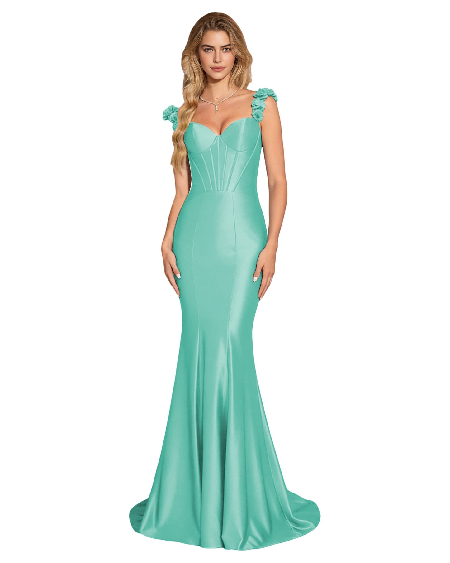 Floral Strap Satin Mermaid Prom Dress with Corset Bodice and Sweep Train