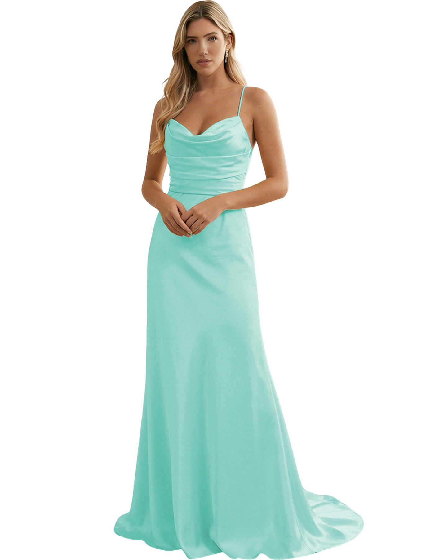 Spaghetti Straps Ruched Satin Floor Length Bridesmaid Dress