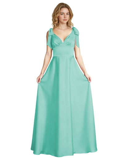 V-Neck Bow Strap Satin Bridesmaid Dress with Empire Waist