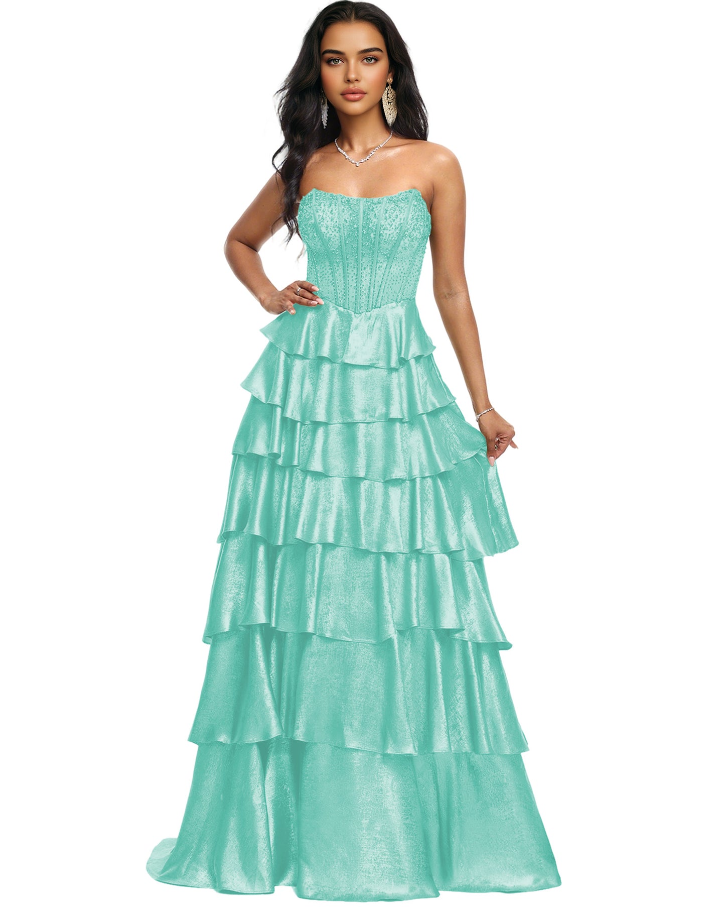 Strapless Tiered Sequin A-Line Prom Dress with Ruffle Layers