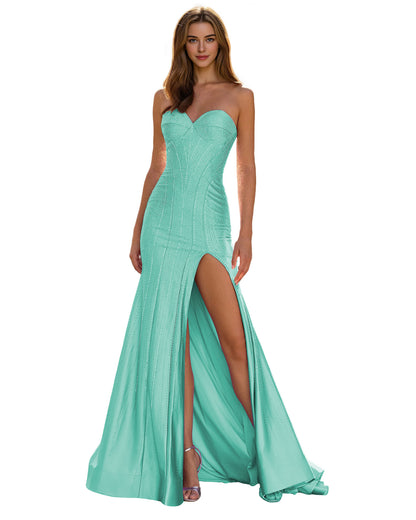 Strapless Sequin Column Prom Dress with Side Slit and Sweep Train