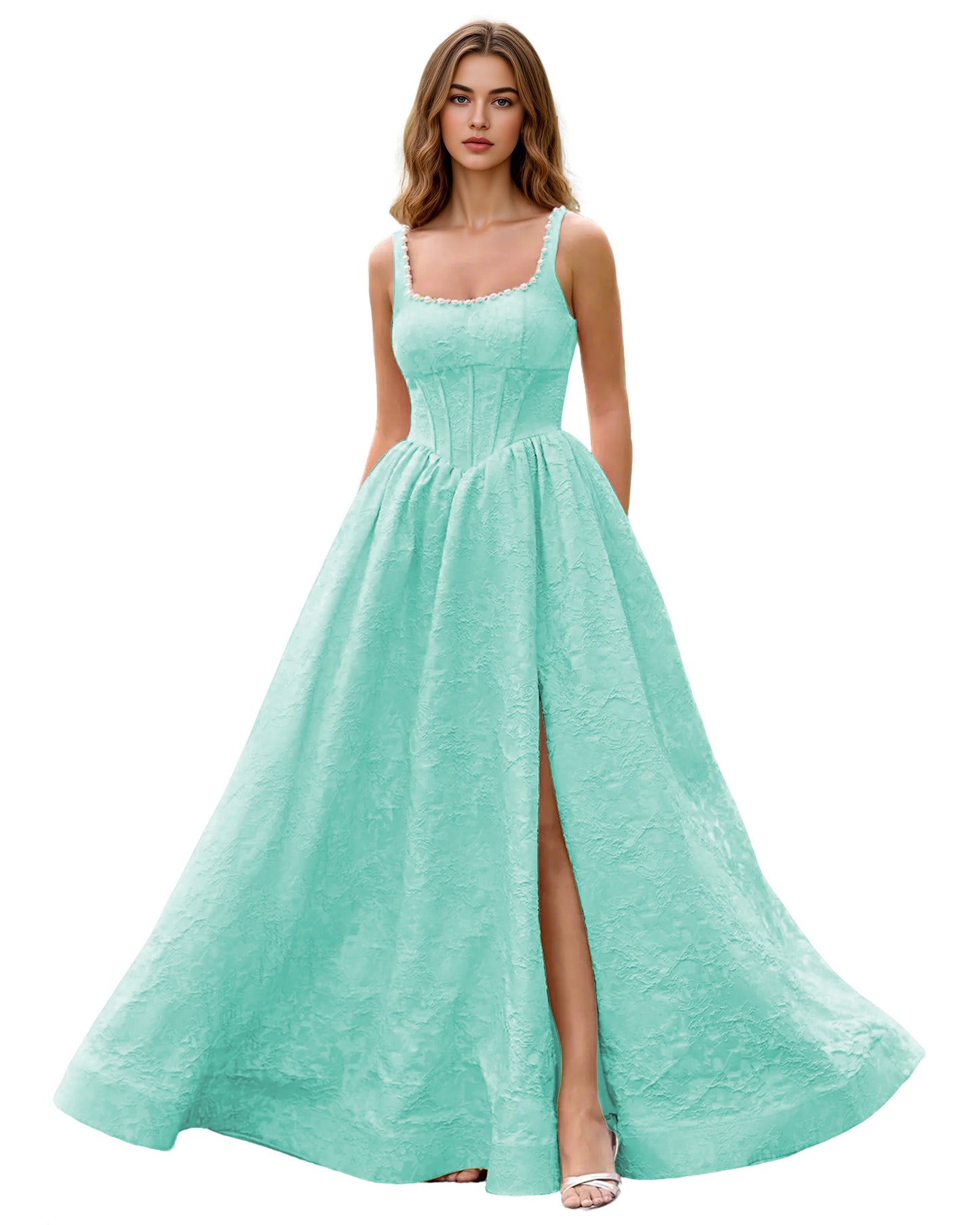 Square Neck Jacquard Ball Gown Prom Dress with Wide Straps and Pockets