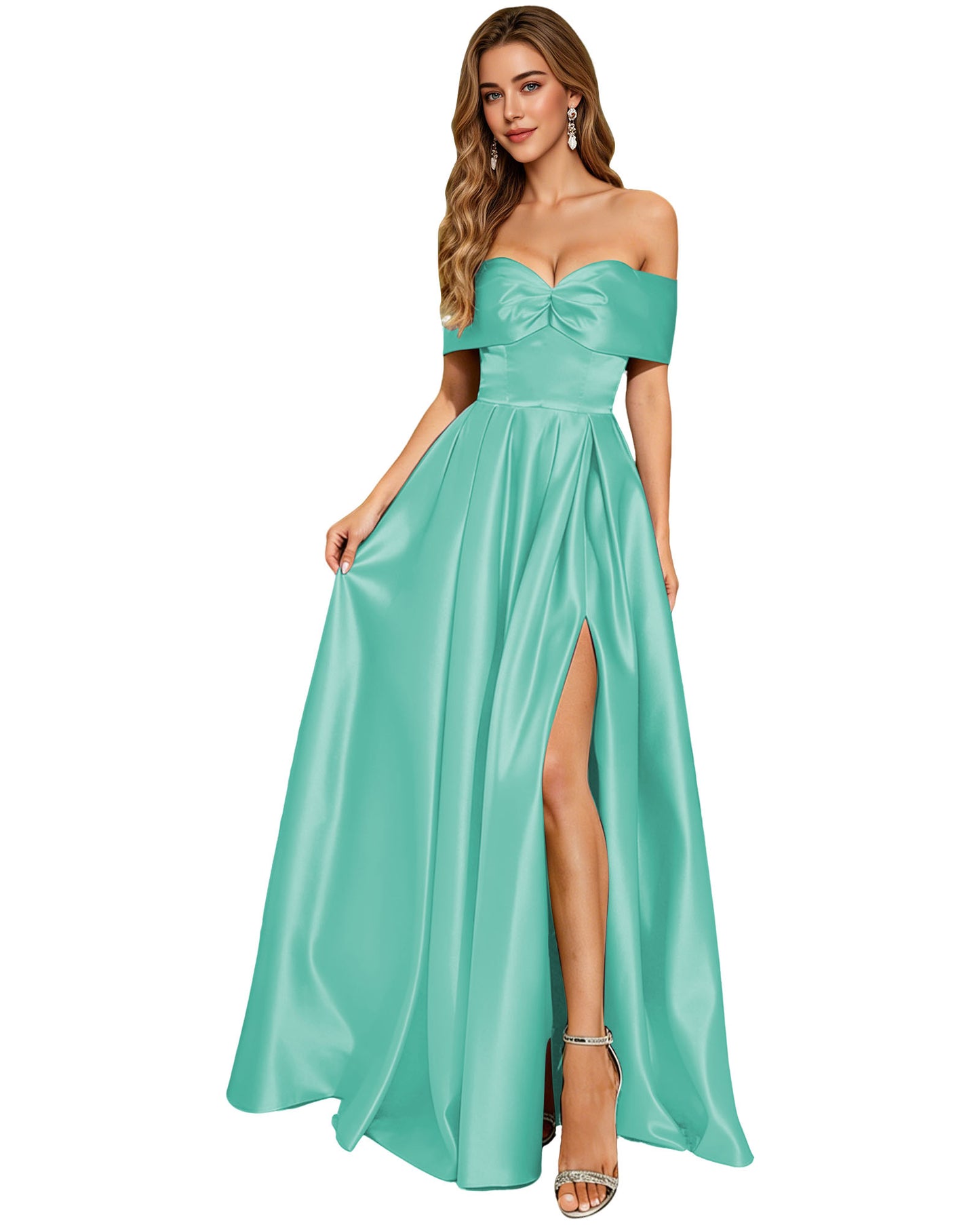 Strapless Bow Satin A-Line Prom Dress with Pleated Bodice and Slit