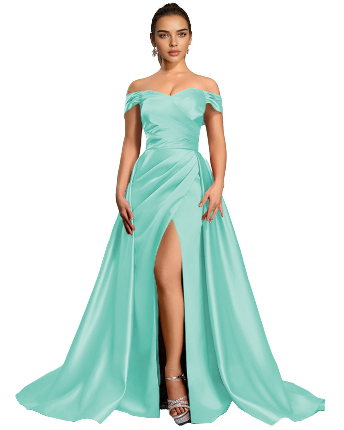 Off Shoulder Satin Ball Gown Prom Dress with Draped Bodice and Slit