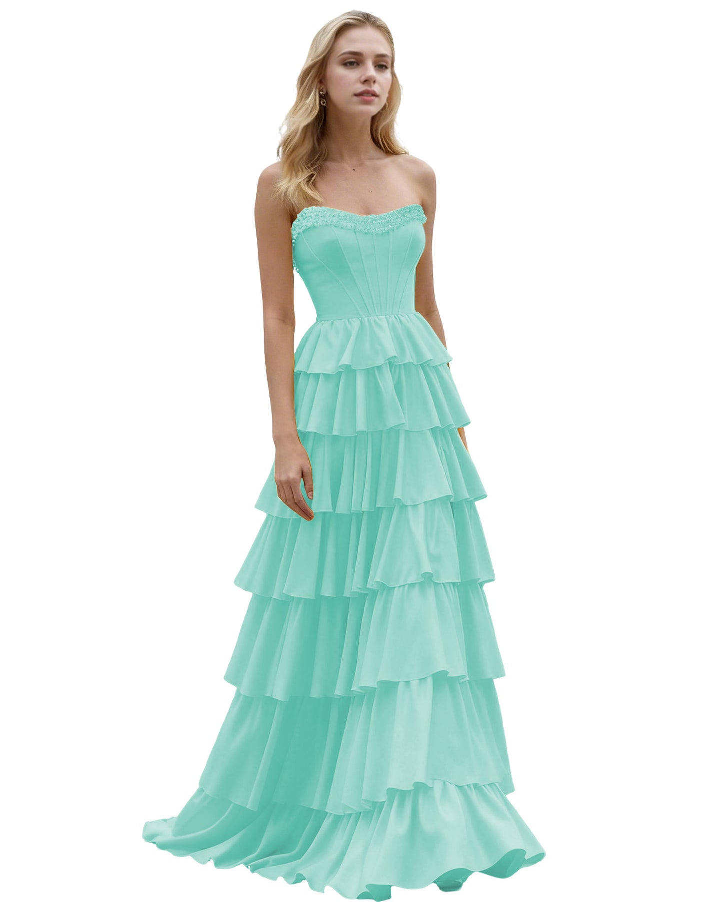 Strapless Tiered Ruffle A-Line Prom Dress with Corset Bodice