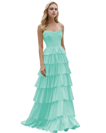 Strapless Tiered Ruffle A-Line Prom Dress with Corset Bodice