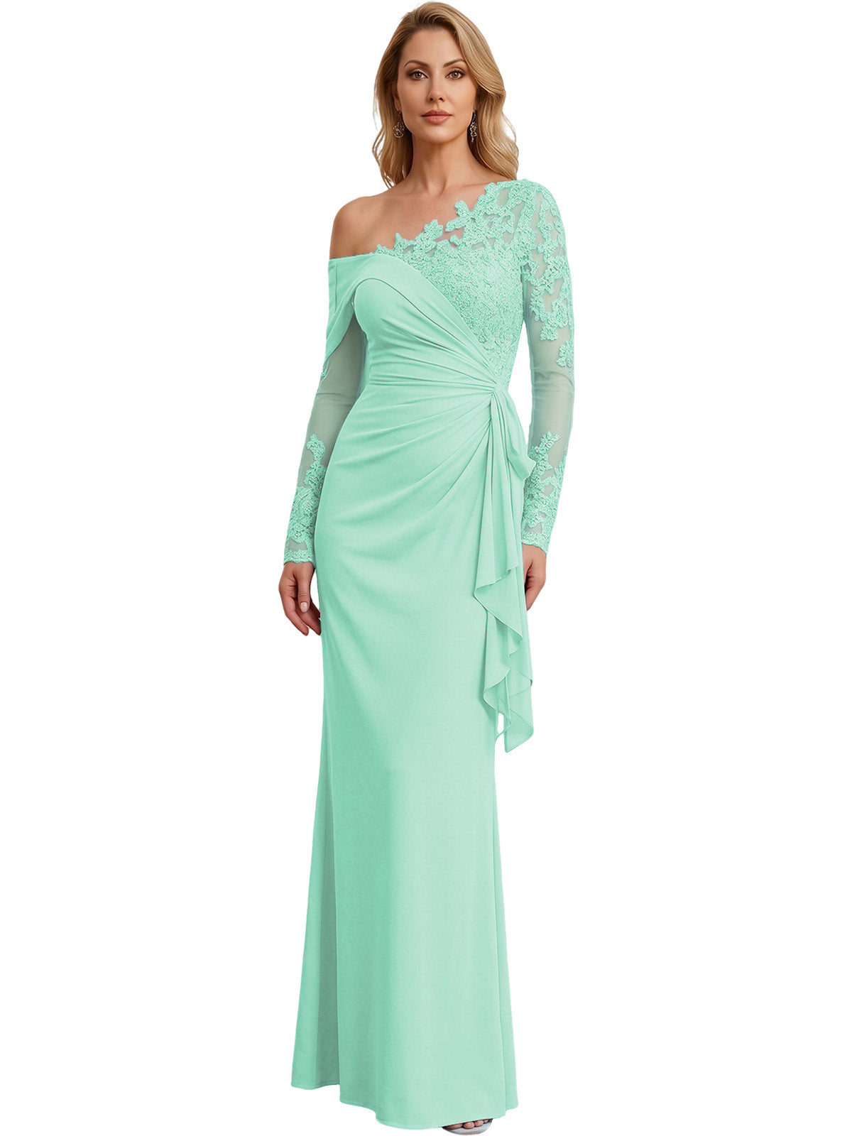 One Shoulder Mother of the Bride Gown Long Lace Sleeve Mermaid Dress with Draped Ruffle