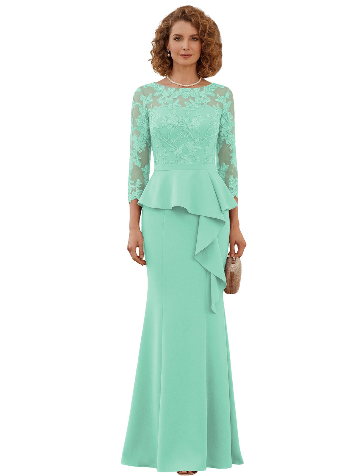 Long Mother of the Bride Dress Lace Illusion Bodice Peplum Mermaid Formal Evening Gown