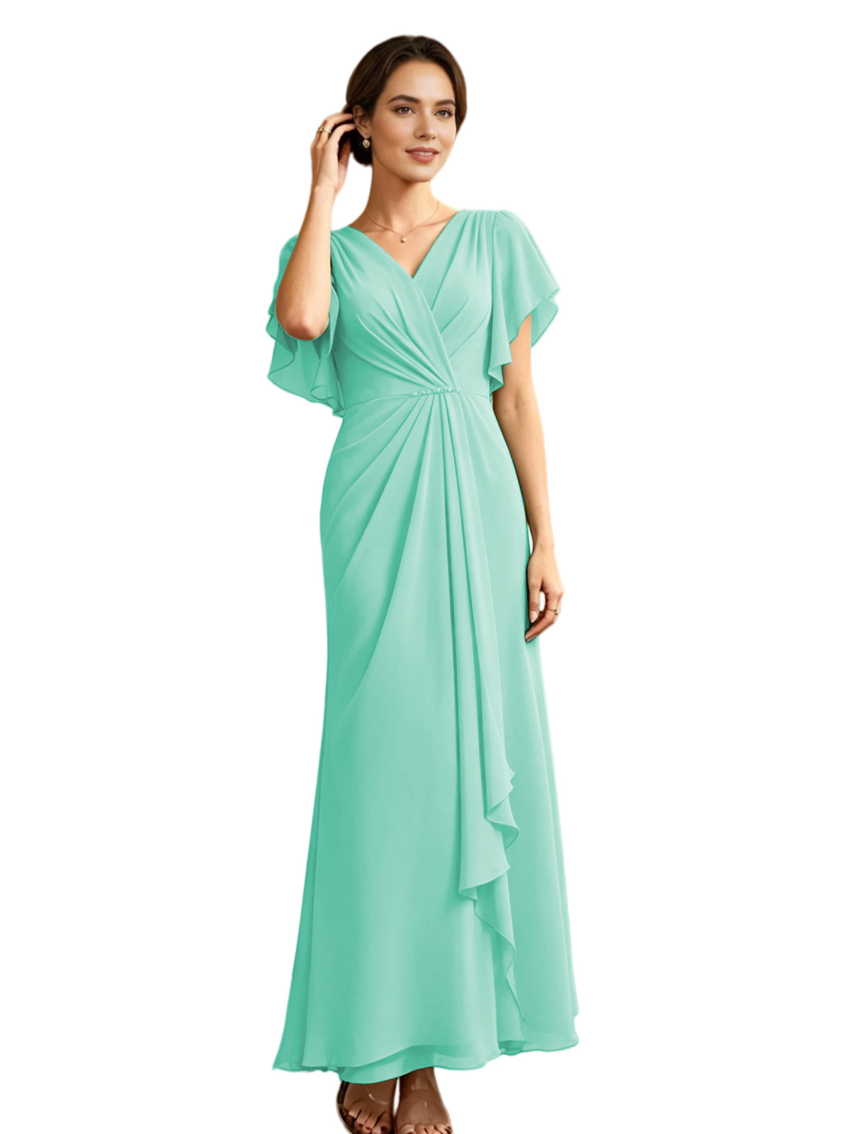 Long Chiffon Mother of the Bride Dress V-Neck Flutter Sleeve A-Line Gown with Beaded Waist