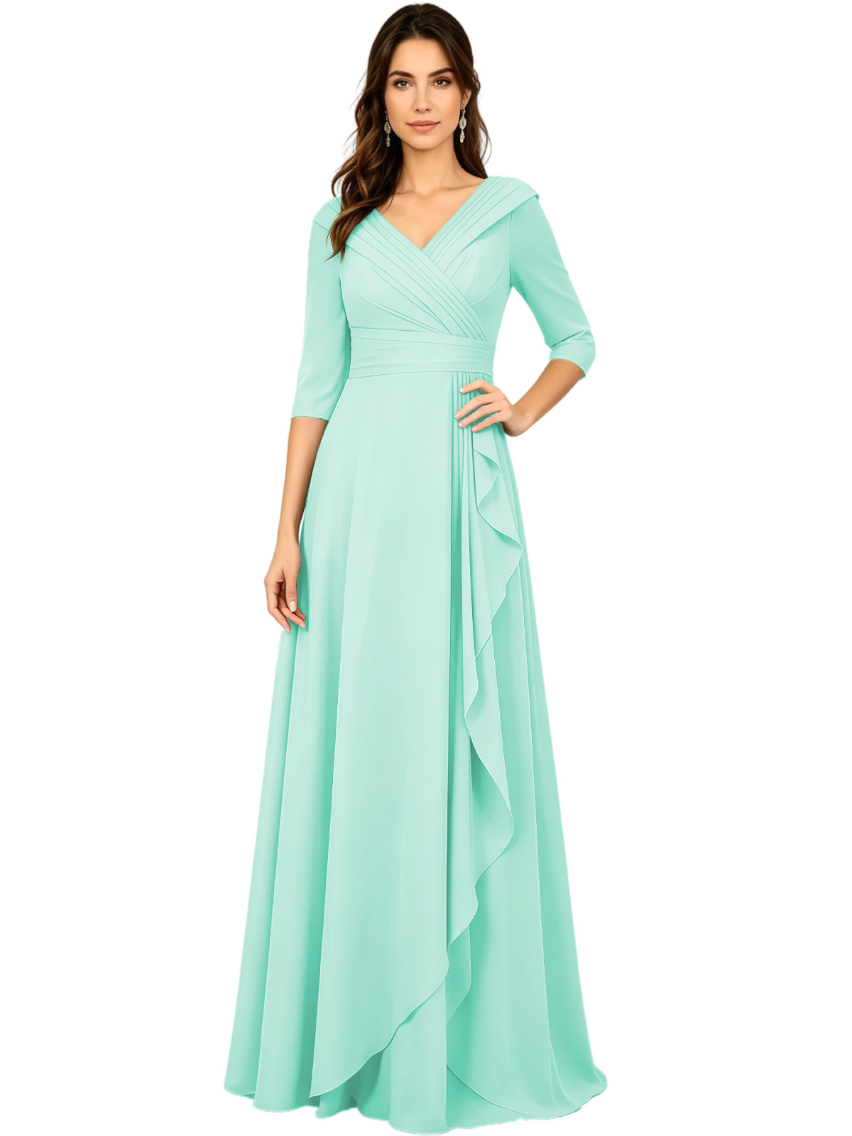 Long V-Neck Mother of the Bride Dress Chiffon Half Sleeve A-Line Gown with Side Ruffle