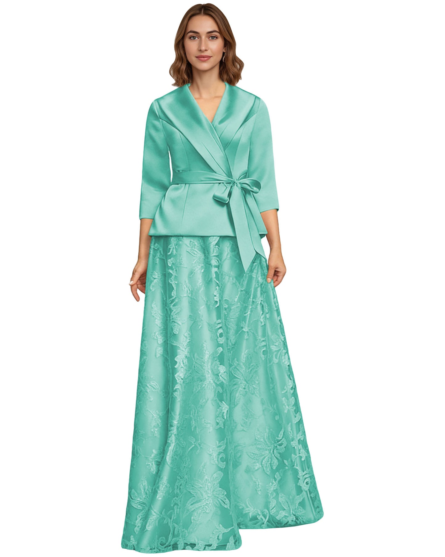 Two Piece Mother of the Bride Dress Satin Wrap Top Embroidered Long Skirt Formal Set