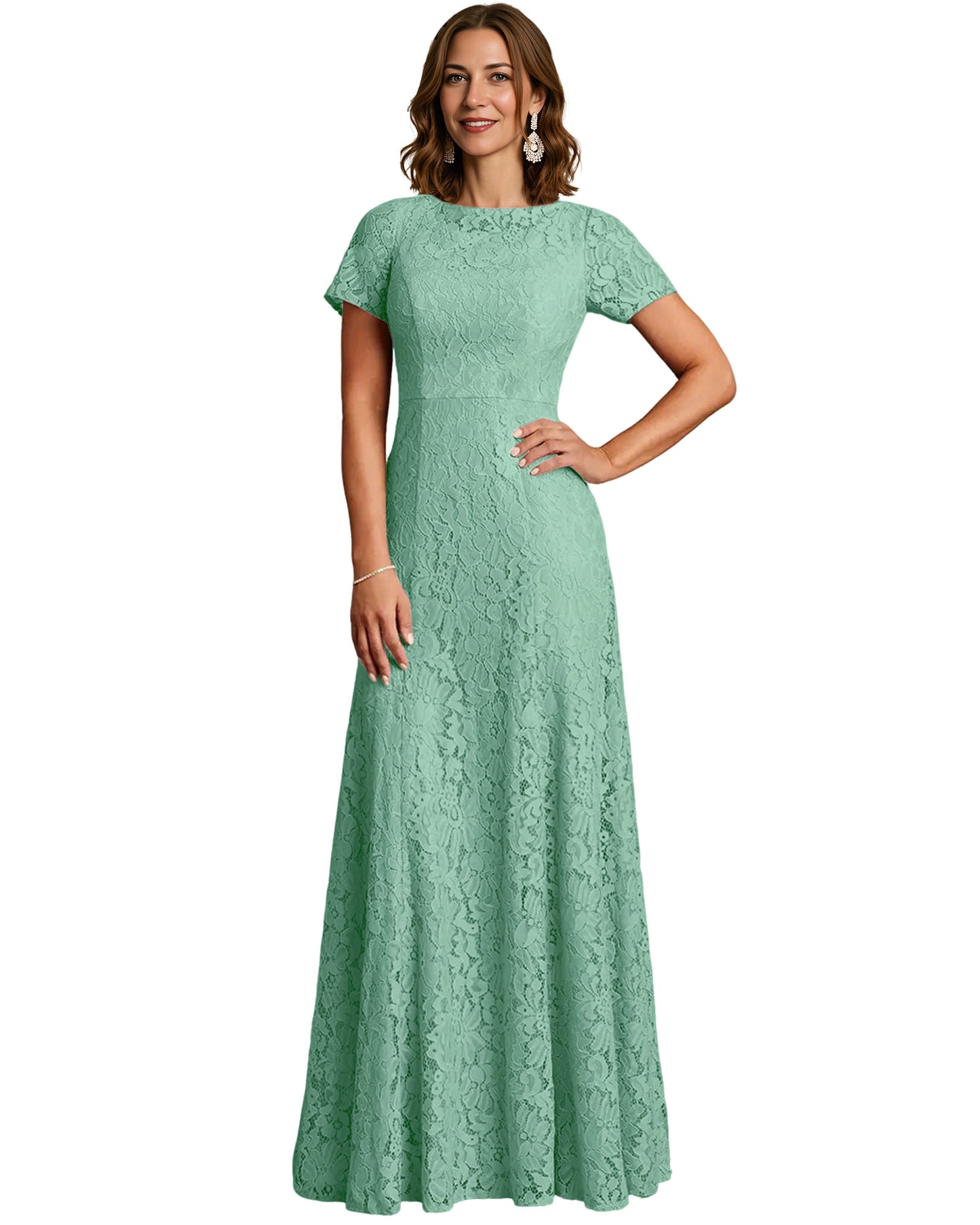 Long Lace Mother of the Bride Dress Short Sleeve Mermaid Gown with Crew Neckline