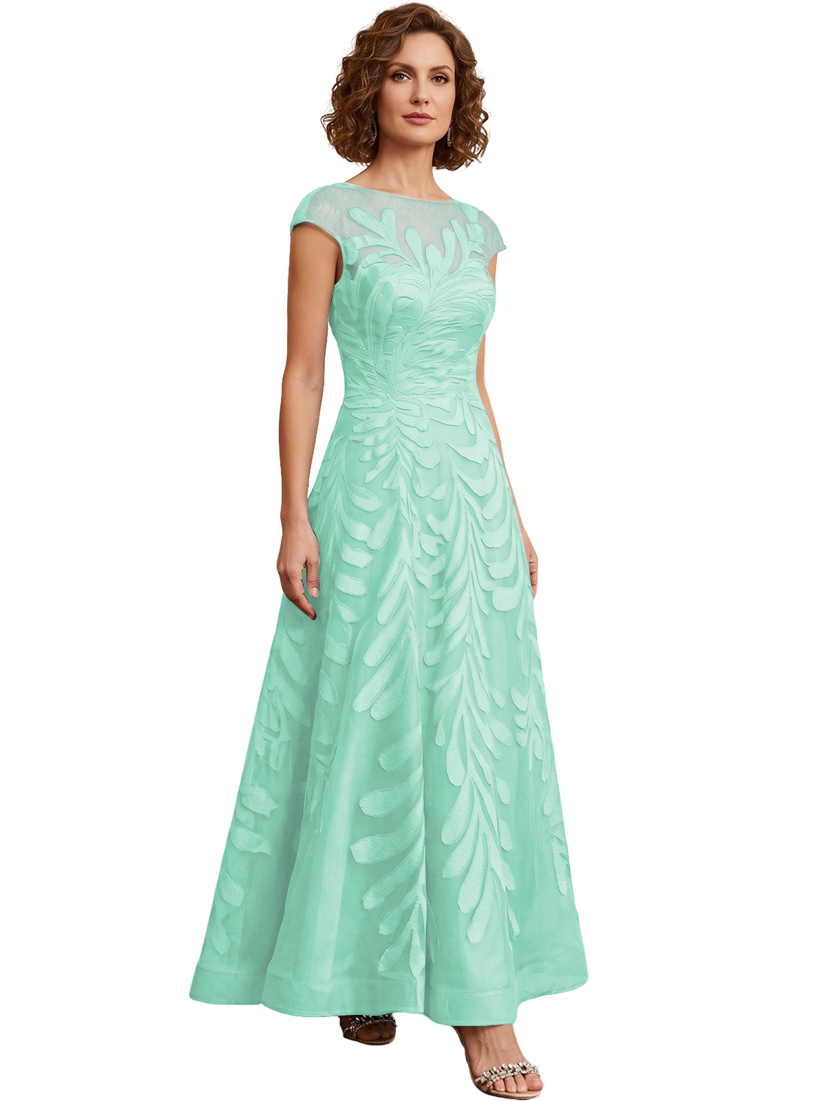 Embroidered Tulle Mother of the Bride Dress Long A-Line Gown with Illusion Cap Sleeves