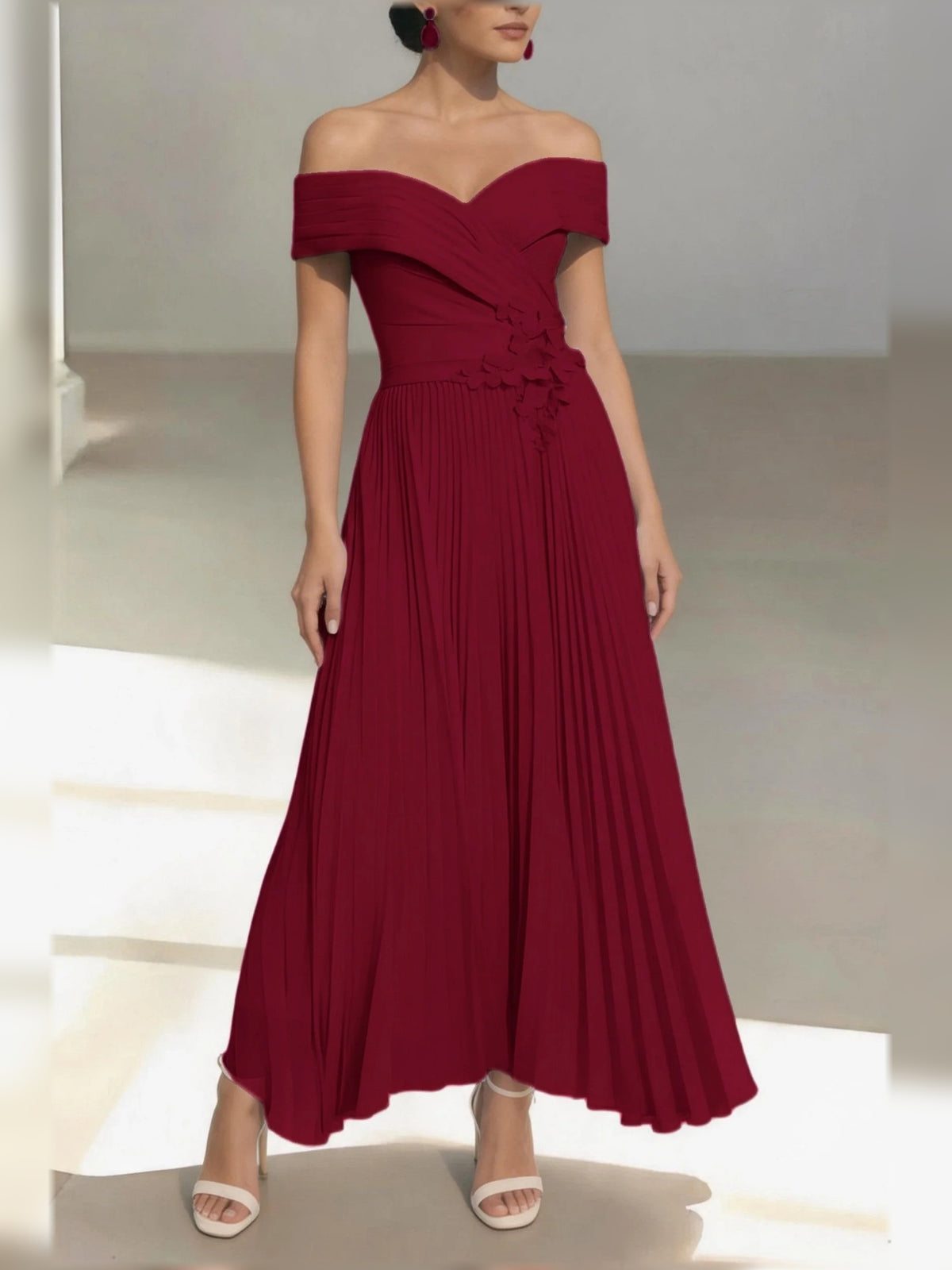 Ruched Pleated Floral One Shoulder A-Line Midi Satin Mother of the Bride Dress for Wedding Dinner