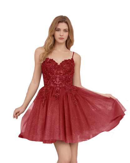 Spaghetti Strap Beaded Corset Glitter Tulle Homecoming Dress
