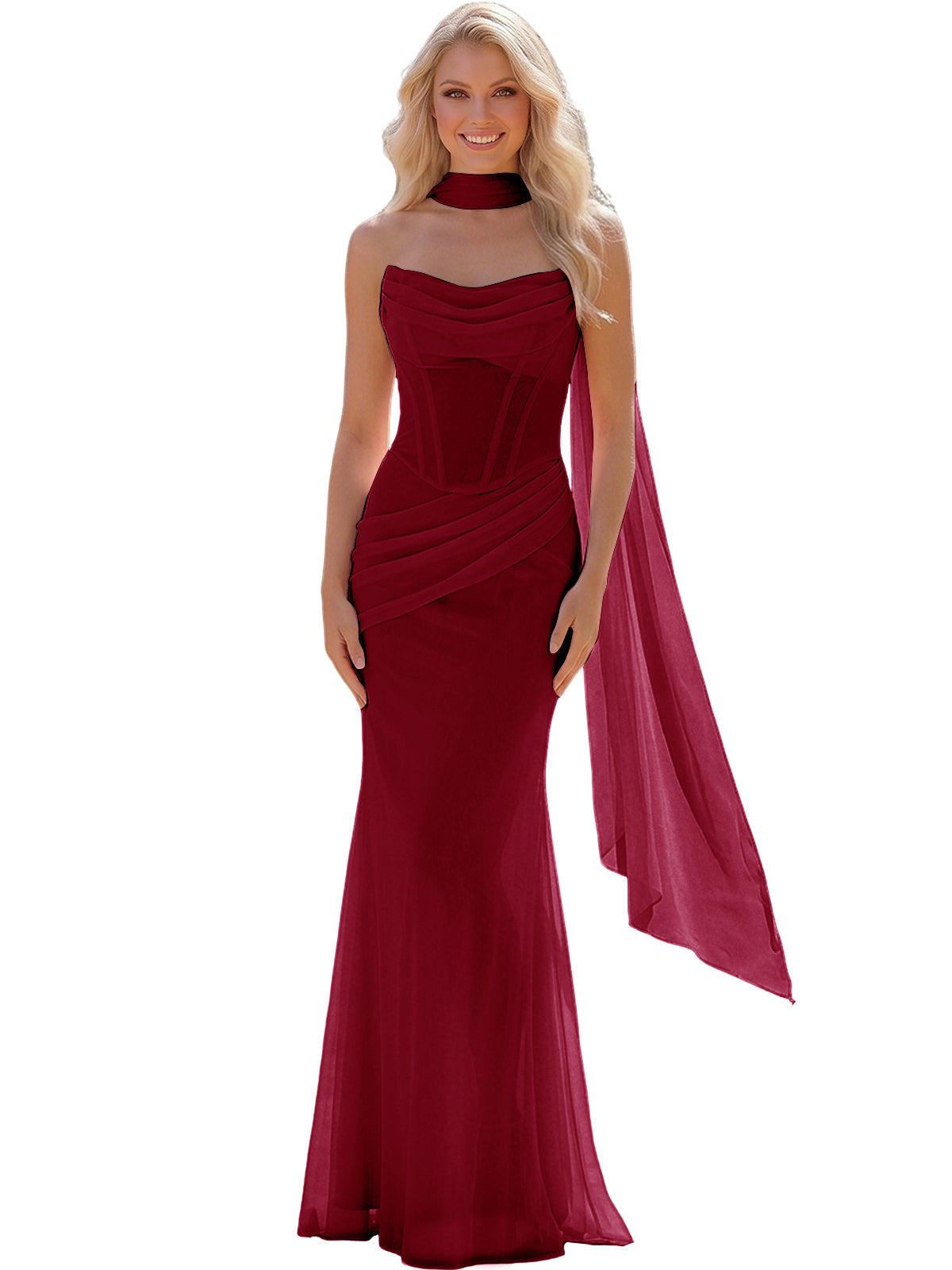 Strapless Chiffon Bridesmaid Gown with Sheer Boned Bodice, Ruched Waist and Scarf