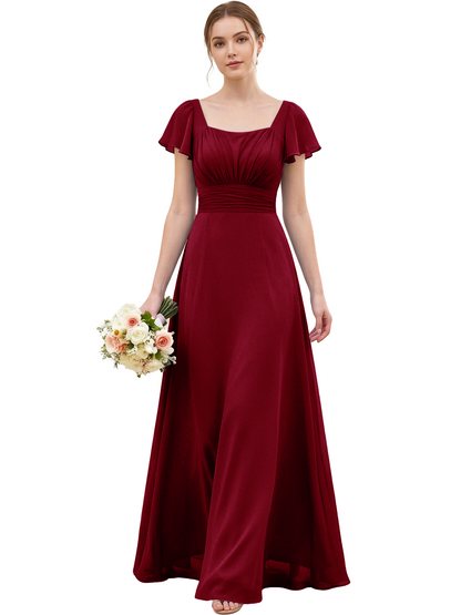 Square Neck Chiffon Bridesmaid Dress with Flutter Sleeves and Lace-Up Back