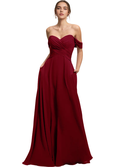 Off Shoulder Chiffon Bridesmaid Dress with Draped Bodice and A-Line Dress