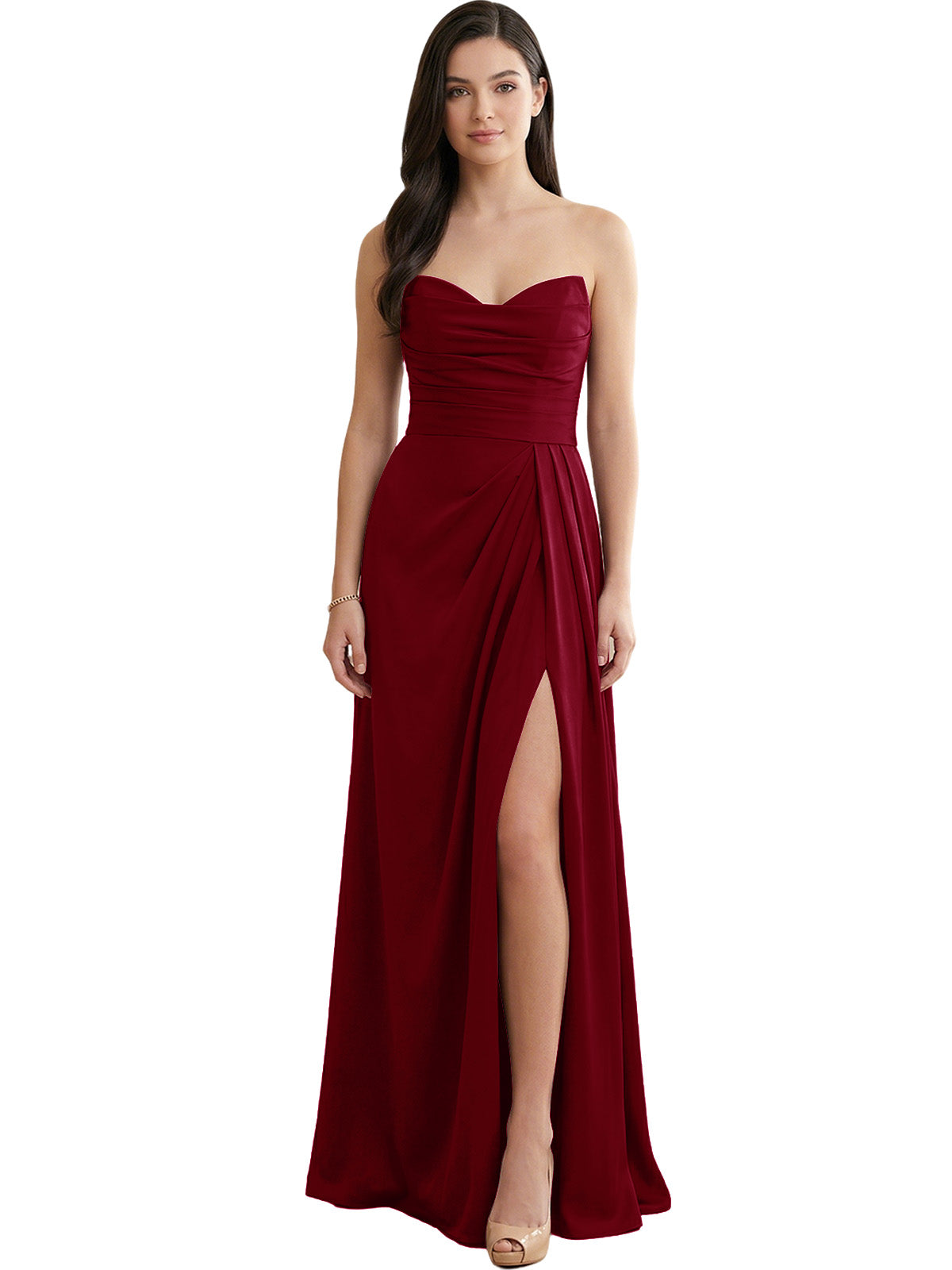 Strapless Pleated Satin Bridesmaid Dress with Side Slit