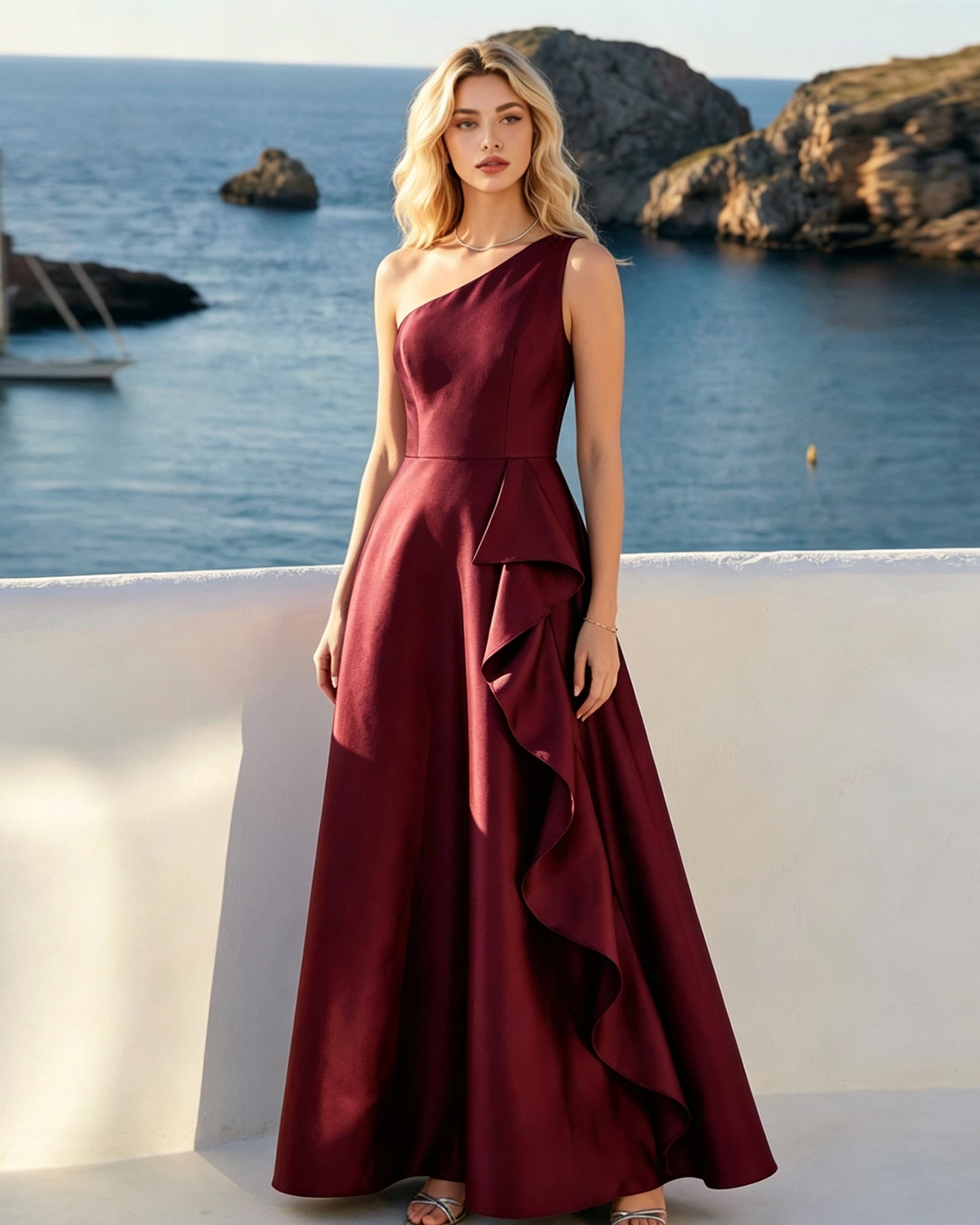 One Shoulder Satin Ball Gown with Cascading Ruffle dress