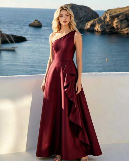 One Shoulder Satin Ball Gown with Cascading Ruffle dress