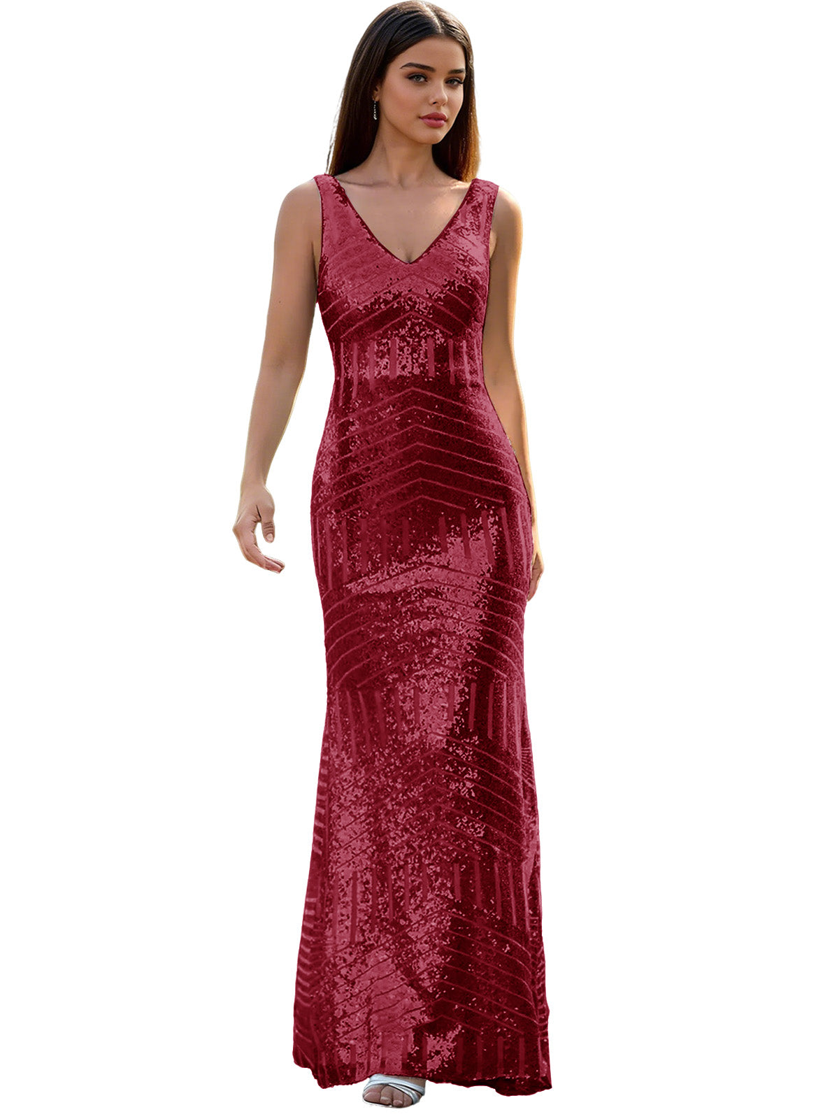V-Neck Sequin Column Prom Dress with Beaded Waist and Low Back