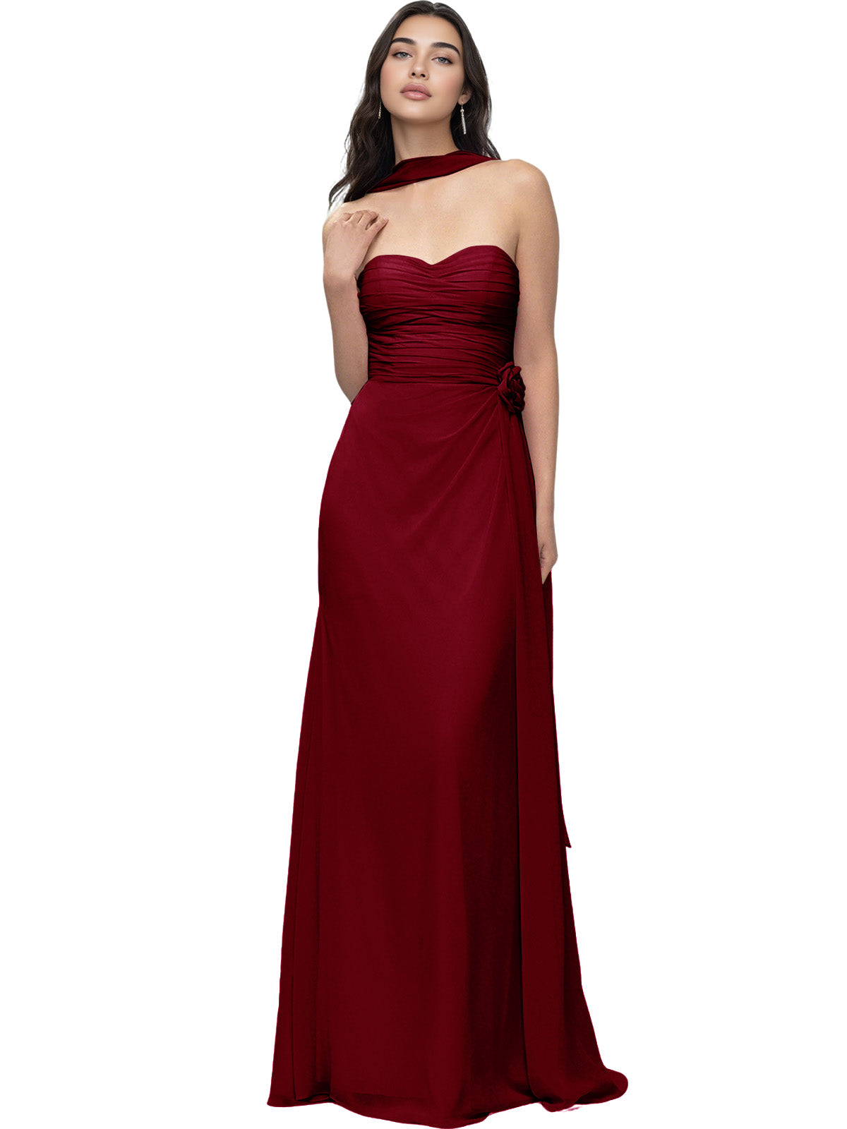Strapless Chiffon Bridesmaid Dress with Wrapped Bodice and Slit Dress