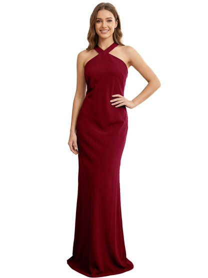 High Neck Halter Bridesmaid Dress with Sleek Column Silhouette