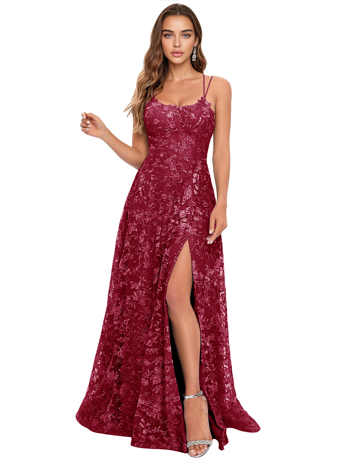 Scoop Neck Lace A-Line Prom Dress with Spaghetti Straps and Side Slit