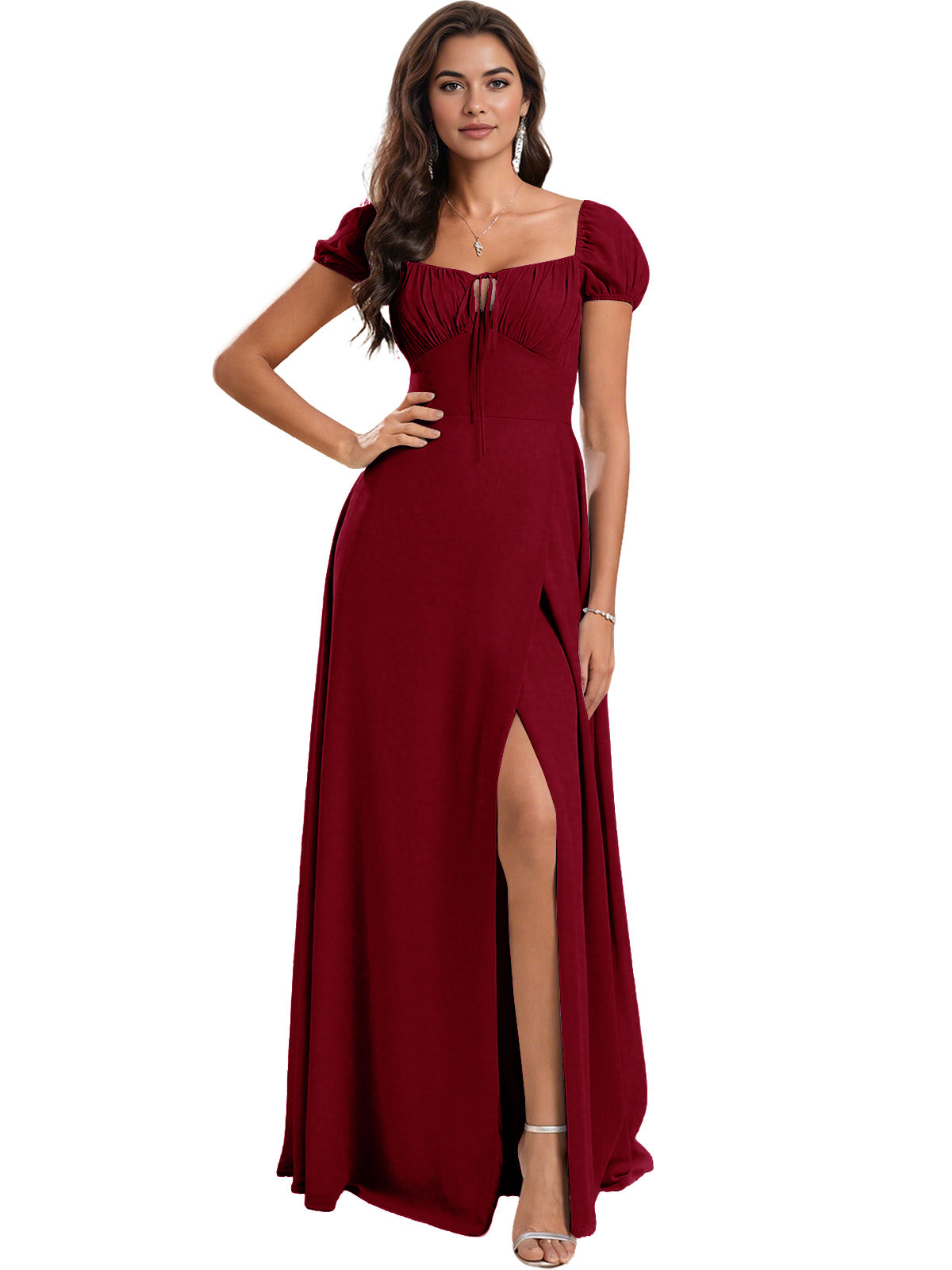 Ruched Short Sleeve Chiffon Bridesmaid Dress with Side Slit