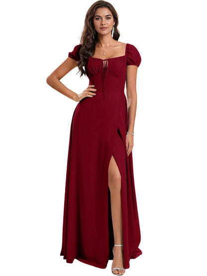 Ruched Short Sleeve Chiffon Bridesmaid Dress with Side Slit