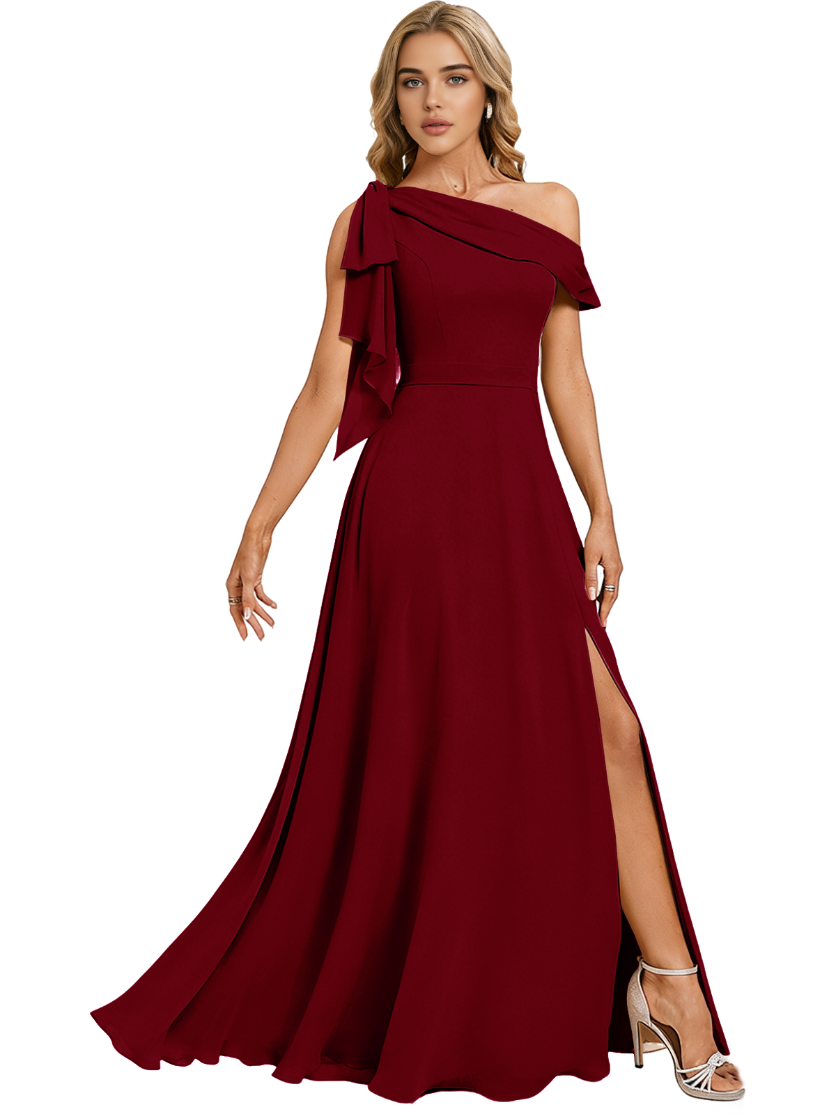 Asymmetric Off Shoulder Bridesmaid Dress with Draped Sleeve and Slit