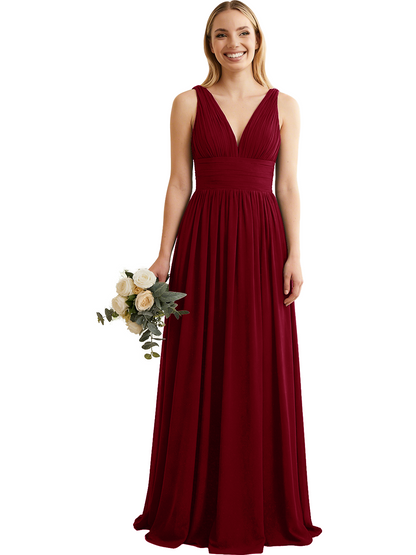 Deep V-Neck Chiffon Bridesmaid Dress with Pleated Waist