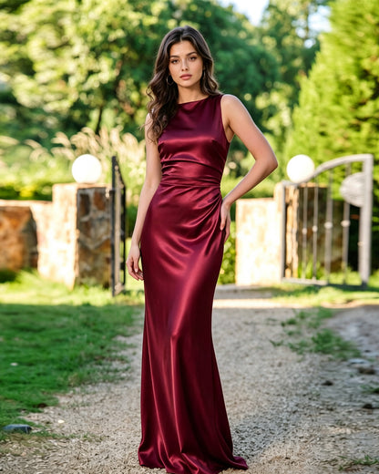 High Neck Satin Column Formal Dress with Sleek Draped Waist